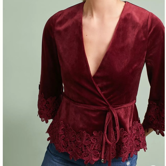 Anthropologie Tops - ANTHROPOLOGIE MOON RIVER BURGUNDY RED LACE TRIMMED VELVET WRAP KIMONO SMALL